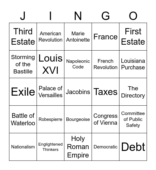 French Revolution Jingo Bingo Card