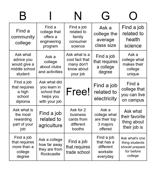 Launch Your Future College and Career Fair Bingo Card