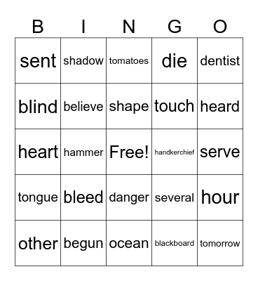 January Word List Bingo Card