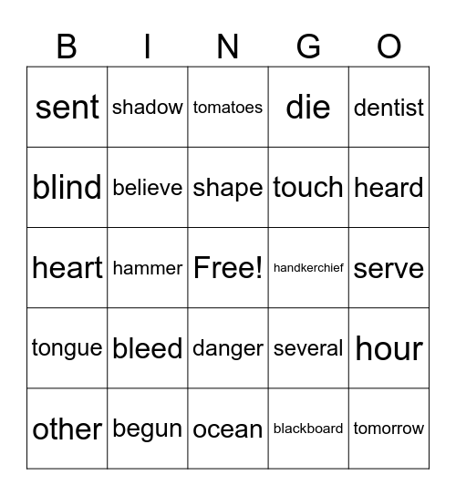 January Word List Bingo Card