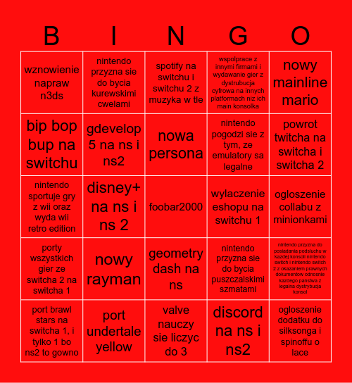 predykcje na nastepny nintendo direct Bingo Card