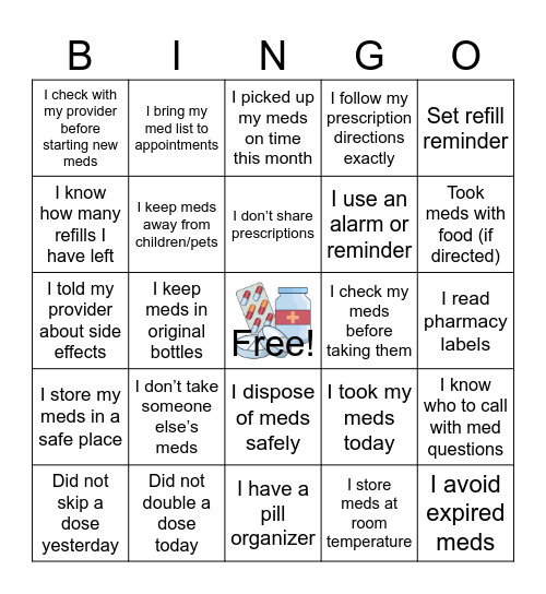 Med Safety & Adherence Bingo Card