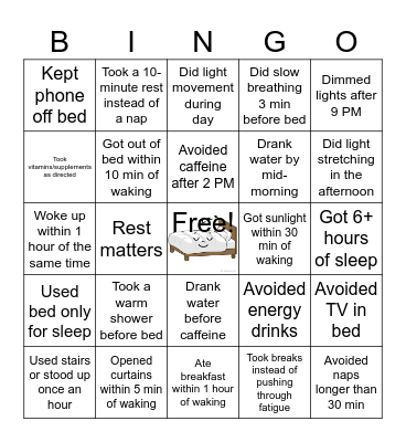 Sleep & Energy Bingo Card