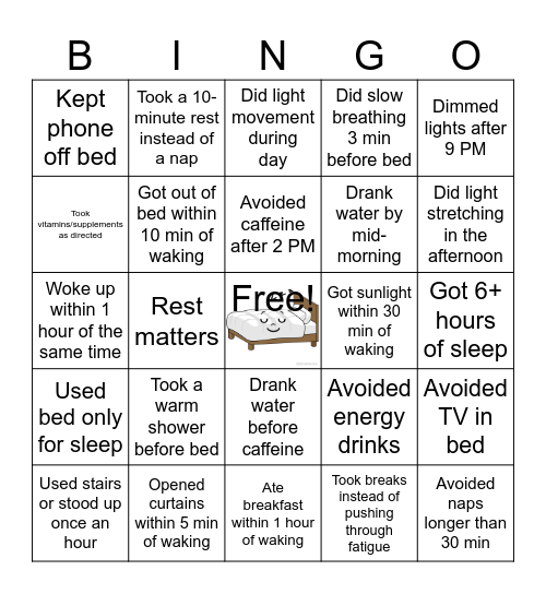 Sleep & Energy Bingo Card