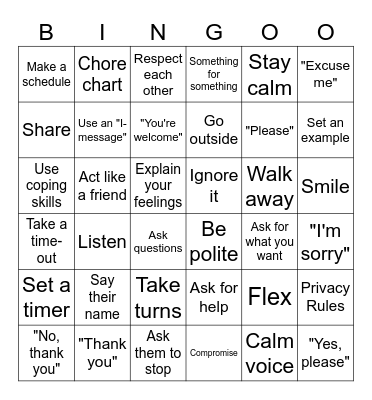 Conflict Resolution with Siblings Bingo Card