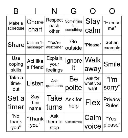 Conflict Resolution with Siblings Bingo Card