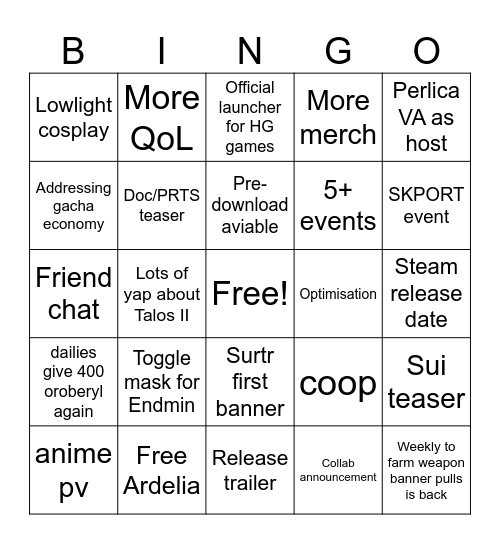Endfield Stream Bingo Card