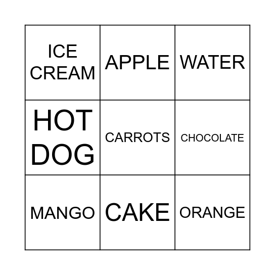 YUMMY FOOD Bingo Card