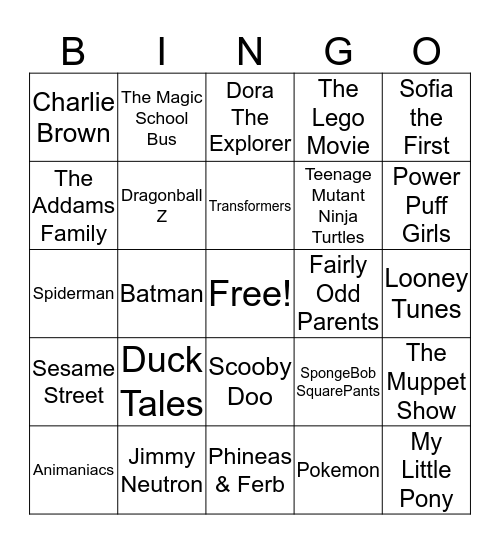 Kids TV Music Bingo Card