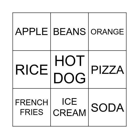 YUMMY FOOD Bingo Card