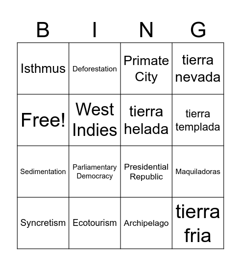 Mexico and Central America Bingo Card