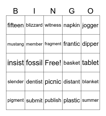 Closed Syllable Bingo Card