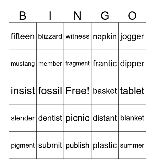 Closed Syllable Bingo Card