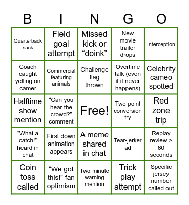Super Bowl Bingo Card