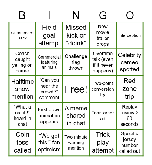 Super Bowl Bingo Card