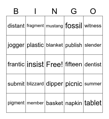 Closed Syllable Bingo Card