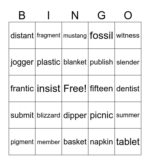 Closed Syllable Bingo Card