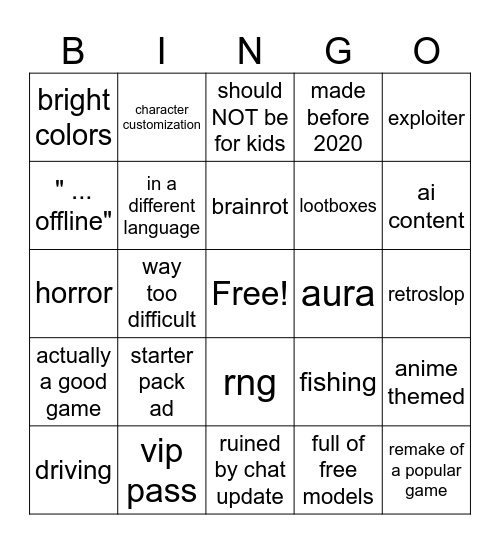 Roblox Bingo Card