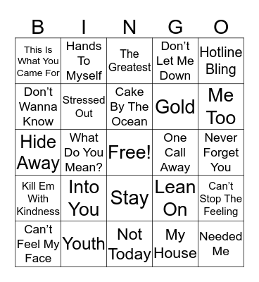 2016 Top Hits Music Bingo Card