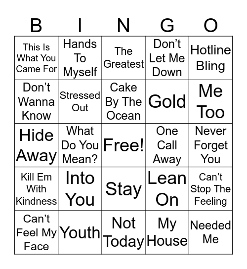 2016 Top Hits Music Bingo Card