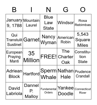 Connecticut Heroes and Symbols Bingo Card