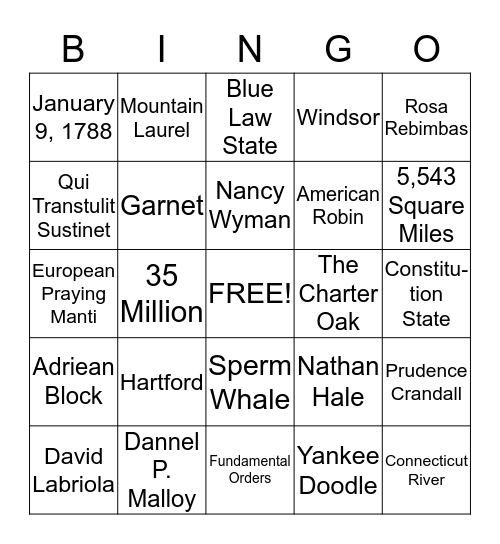 Connecticut Heroes and Symbols Bingo Card
