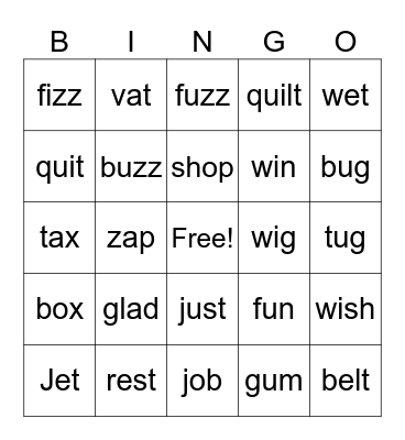 CVC Words Bingo Card