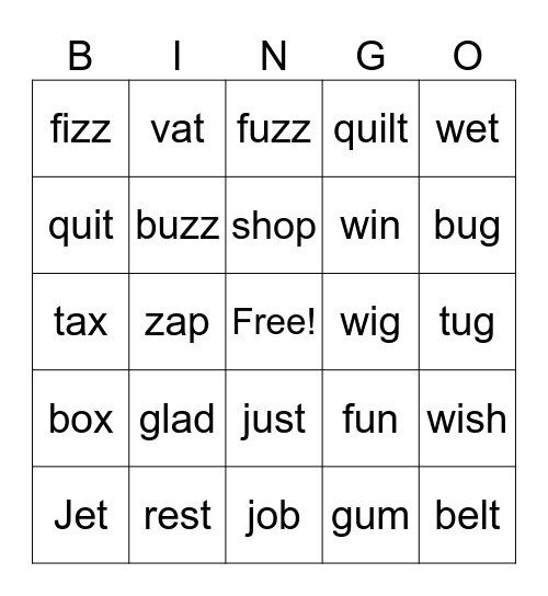 CVC Words Bingo Card
