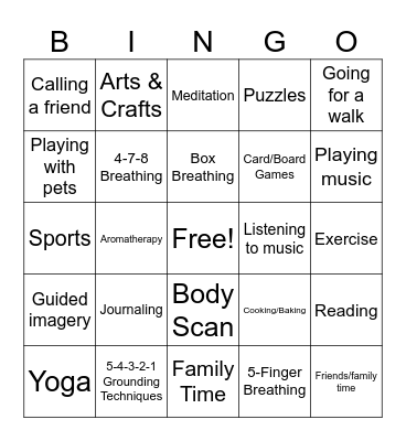 Coping Skills & Healthy Activities Bingo Card