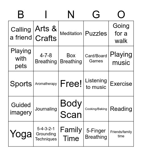 Coping Skills & Healthy Activities Bingo Card