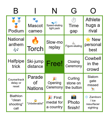 Winter Olympics Bingo Card