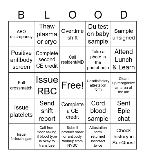 Lab Week - Blood Bank Bingo Card