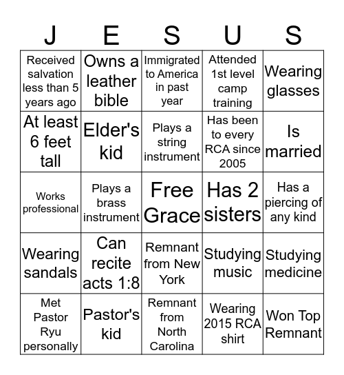 2016 East Coast Winter Retreat Bingo Card