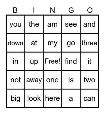 Sight Words Bingo Card