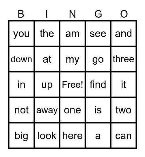 Sight Words Bingo Card