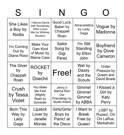 Drag Singo Bingo Card