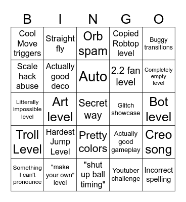 Recent Tab Bingo (Geometry Dash How-D) Bingo Card