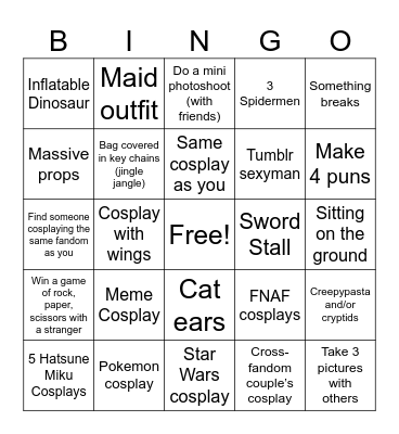 ComicCon Bingo Card