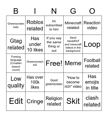 YT shorts bingo Card