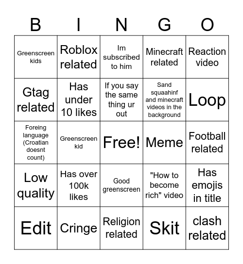YT shorts bingo Card