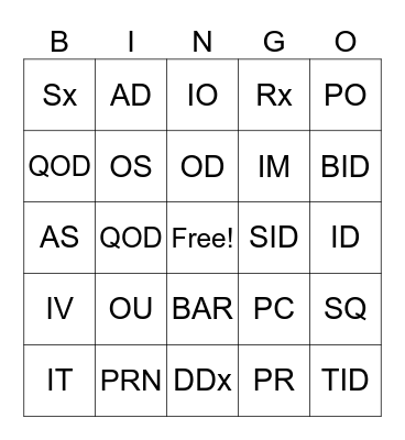 Medical Abbv Bingo Card