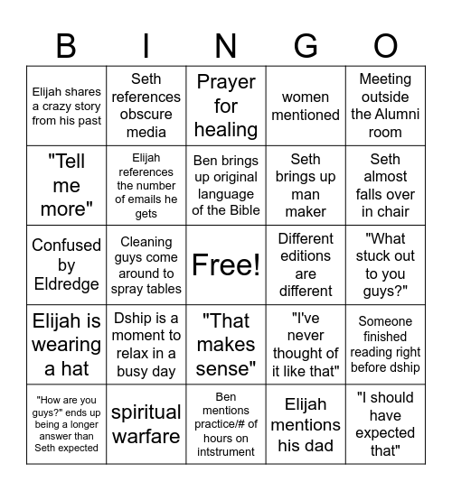 Elijah and Ben Dship Bingo Card