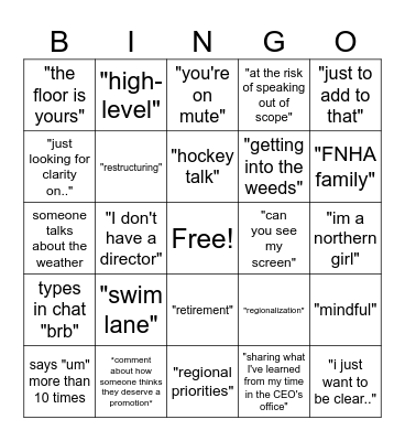 Sr Team Bingo Card
