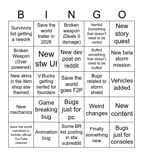 Save the World 2026 Bingo Card