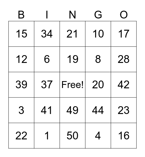 French Numbers 0-59 Bingo Card