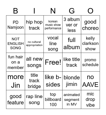BTS OT7 COMEBACK BINGO Card