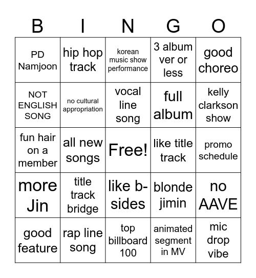 BTS OT7 COMEBACK BINGO Card