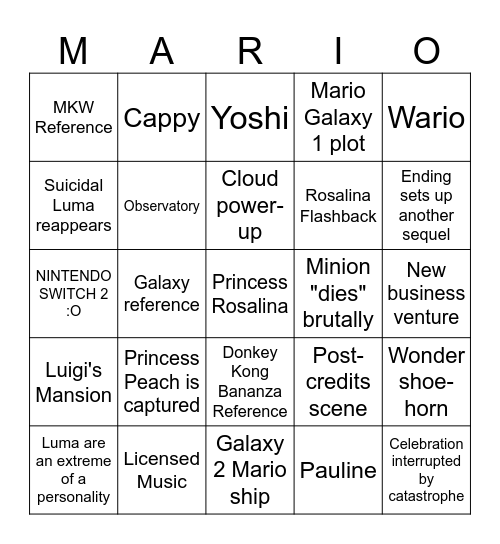 Mario Galaxy Movie Bingo Card