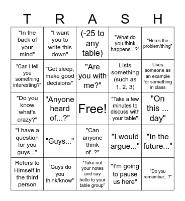 Mr. O's Glorious, Stupendous and Precarious Bingo Card