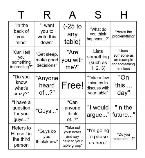 Mr. O's Glorious, Stupendous and Precarious Bingo Card